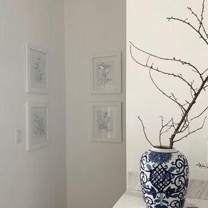 4 white framed BW floral prints
